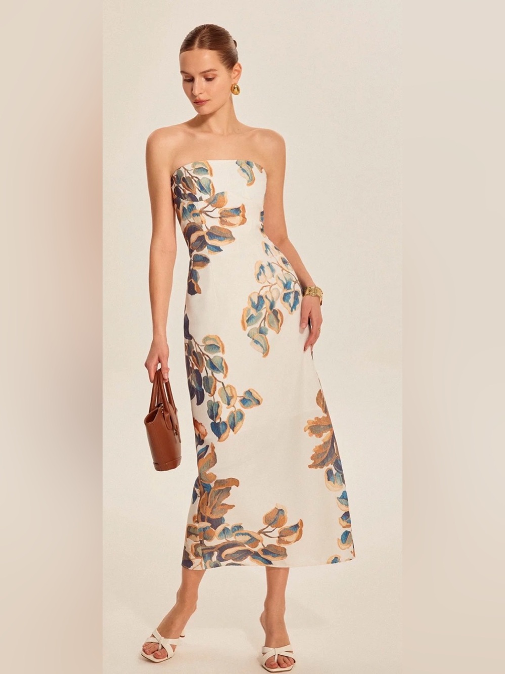 Commense Floral Print Strapless Midi Dress